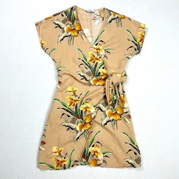 & Other Stories Linen Blend Wrap Mini Dress Tropical Flower Floral Print XS 2 - Picture 2 of 9